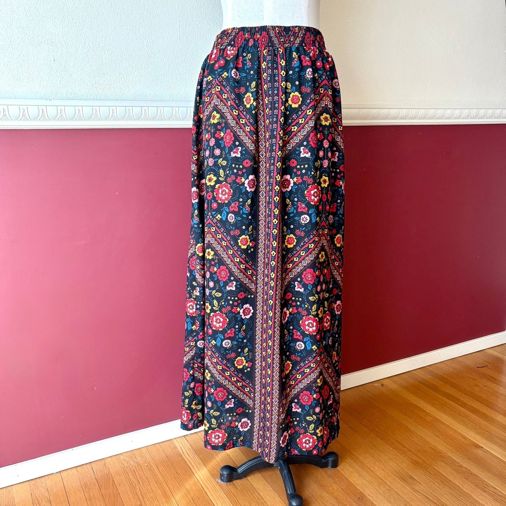Xhilaration Floral Geometric Border Print Maxi‎ Skirt Navy Red Boho Lined Size L